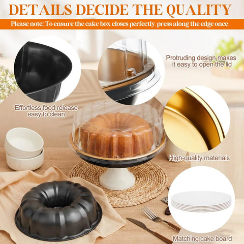 All In One Cake Baking And Transport Kit With Nonstick 9.5 Inch Ring Pan, Five 9 Inch Cake Boards, and Clear Gold Dessert Carrier