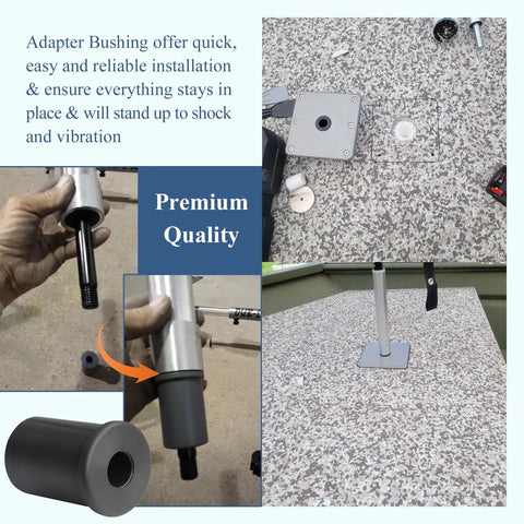 Two Pack SP-14000 Seat Rod Adapter Bushing Converts 1.77 Inch Bases To Accept Three Quarter Inch Boat Seat Pin Posts For SP14000 Series Pedestal Kits, Compatible With Universal Marine Seat Upgrades, black bushing shown on boat pedestal