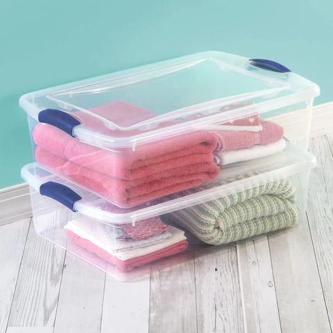 32 Quart Clear Storage Bin With Lid 2 Pack, Transparent Plastic Storage Box With Tight Blue Latch for stacking clothing