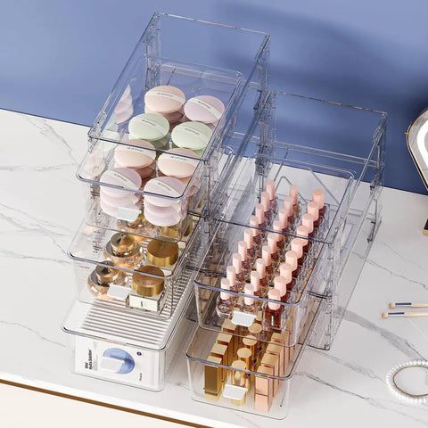 2 Pack Stackable Makeup Organizer Bins With Handles For Fridge Bathroom Kitchen Under Sink Cabinet And Pantry Storage Modular Drawer