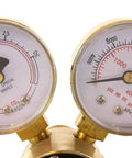 Close-up of dual gauges on Industrial Argon Regulator And Flowmeter For MIG And TIG Weld Rigs with 0 To 400 Psi Inlet