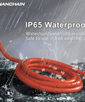 Beefy Outdoor Extension Cord 200 Feet Waterproof 12 Gauge 3 Conductor in rain showcasing waterproof feature