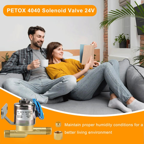 4040 Humidifier Water Solenoid Valve Replacement for Aprilaire models shown with couple relaxing at home, 24V AC 2.3W