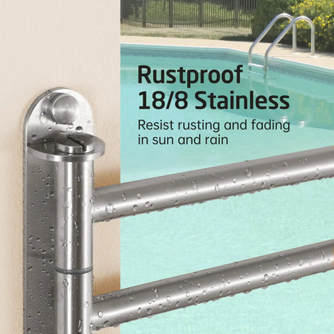 Extra Long 19.5 Inch Swivel Towel Rack With Four Arms, SUS304 Stainless Steel, by poolside showcasing rustproof feature