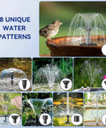 8 Watt Solar Water Pump With Dry Run Protection No Plug Needed for Bird Baths and Small Ponds, showing 8 water patterns
