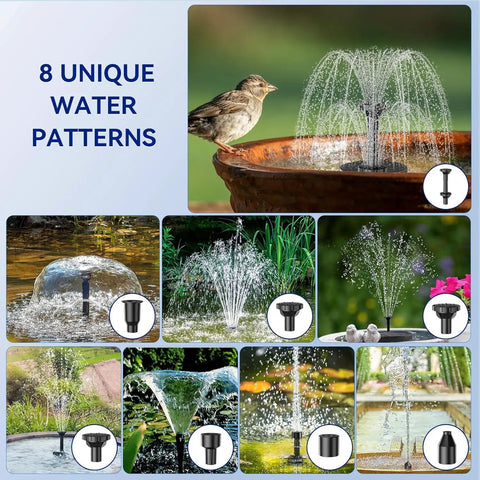 8 Watt Solar Water Pump With Dry Run Protection No Plug Needed for Bird Baths and Small Ponds, showing 8 water patterns