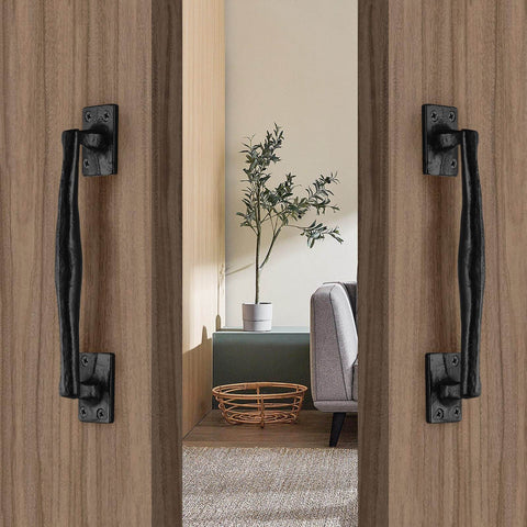 Nine and Three Quarters Inch Rustic Cast Iron Gate Handle for Sliding Barn Doors mounted on wooden doors