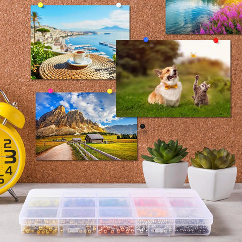 Super Dope 810 Piece Assorted Color Map Push Pins With Heavy Duty Stainless Steel Needles And Vivid Plastic Balls on a cork board.