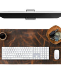 Top view of Premium Full Grain Leather Desk Pad 2mm Thick Desk Mat with keyboard and mouse, large desk protector shown in use