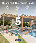 Split image showing wooden pergolas 5 years apart; 2025 on left with aging wood, 2030 on right with well-preserved structure.