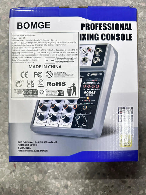4 Channel Digital USB Bluetooth Audio Mixer box with product image and specifications detailing features for recording and live streaming.
