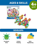 Gear Up And Bloom STEM Flower Building Set for Kids 3 to 5, 116-piece gear garden kit with moving gears, flowers, butterflies, and bees