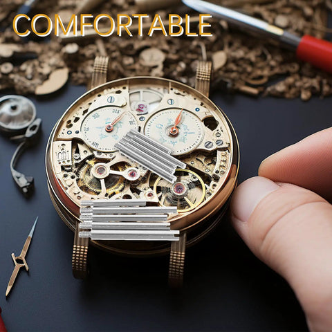 Watch Band Pins Replacement Kit With Metal Spring Bars And Screws For Easy Watch Repair displayed on watch mechanism