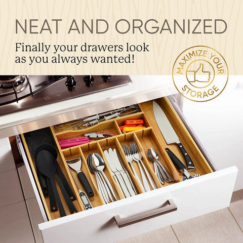 Extra Deep Silverware Drawer Organizer With Adjustable Dividers Expands From 14 To 21.6 Inches Bamboo Flatware Tray in kitchen drawer