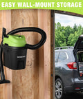 Heavy Duty 1.5 Gallon Wet And Dry Shop Vacuum Cleaner With 2.5 Peak Hp Motor mounted on wall for compact garage and car cleanup.