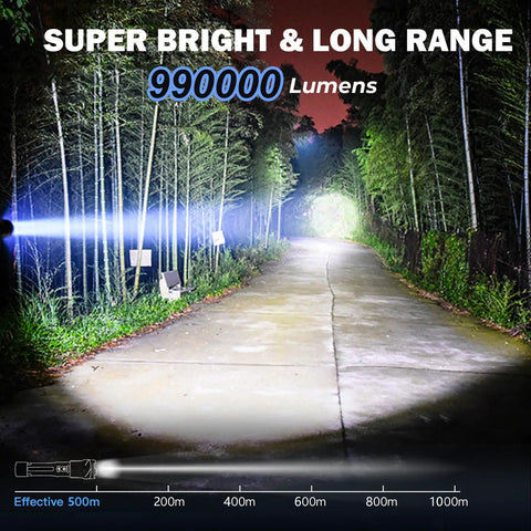 90000 Lumen Rechargeable LED Flashlight 2 Pack illuminating a long forest path, effective range 500m, showing brightness and reach.
