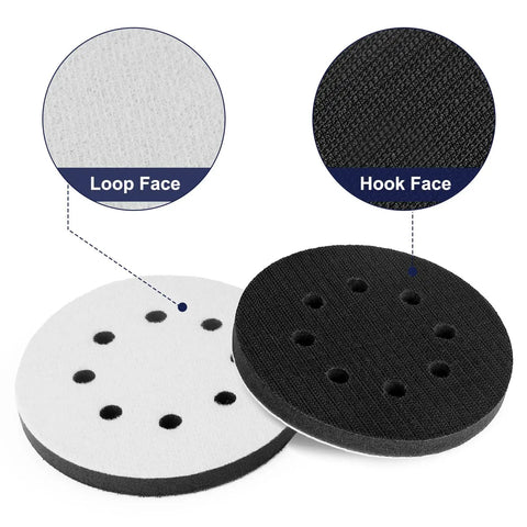 80 Piece 5 Inch 8 Hole Sanding Discs Hook And Loop Set Pro Grade showing loop and hook faces with interface pads for random orbital sander