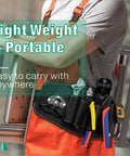 Worker carrying 6mm Ratchet Wire Rope Cutter with belt, showcasing portability, rust-resistant Cr-Mo steel, pro-grade heavy-duty tool