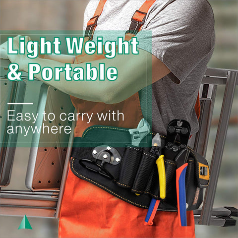Worker carrying 6mm Ratchet Wire Rope Cutter with belt, showcasing portability, rust-resistant Cr-Mo steel, pro-grade heavy-duty tool