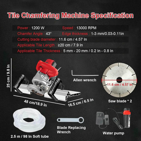 Pro Level Heavy Duty Electric Tile Chamfer Machine With Sturdy 12 V Water Pump And Lightning Fast 13000 Rpm Motor And Tough 1200 W Wet Cutting Saw specifications overview.