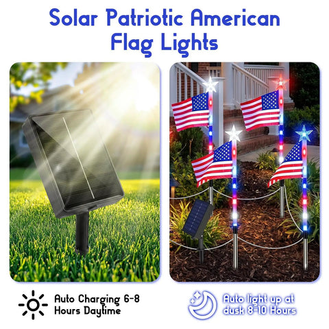 Lit Patriotic Solar Flag Lights For Outdoors, 8 Pack Pathway Stakes with 8 Modes and American flags in garden setting