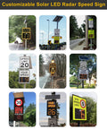 Multiple solar powered radar speed signs with 60W and 70W solar panels on highways and roads, various speed displays