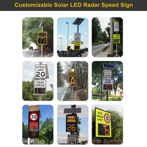 Multiple solar powered radar speed signs with 60W and 70W solar panels on highways and roads, various speed displays