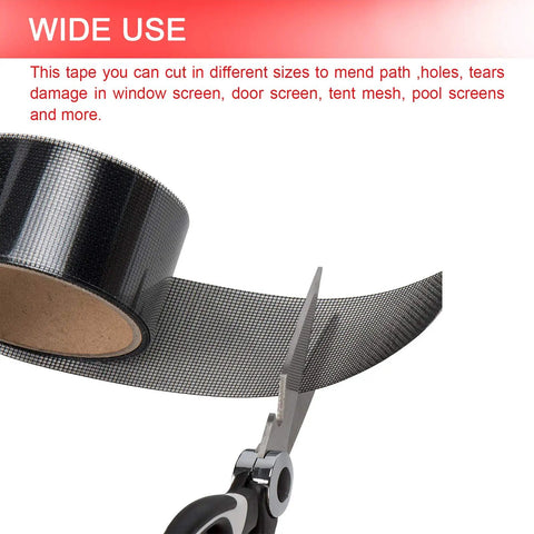 Scissors cutting Fiberglass Window Screen Repair Kit Tape With Heavy Duty Adhesive For Windows And Screen Doors Fix Tears And Holes Easy To Apply Waterproof Roll 2 Inch By 80 Inch Grey