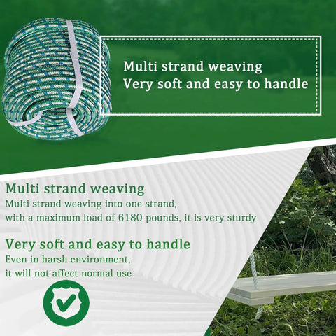 Beefy Half Inch Nylon Braided Rope 150 Feet Heavy Duty Polyester Cord For Outdoor Tree Work All Weather Utility Line In Green White Blue With 6180 Pound Load Capacity in promotional image showing multi-strand weaving and strong durability.