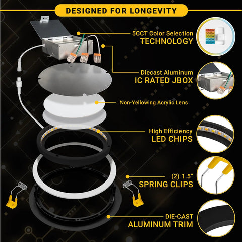Exploded view of 4 Inch Black Gimbal LED Recessed Lighting Kit With Slick Adjustable Lens For Sloped Ceilings, 2700K-5000K CCT