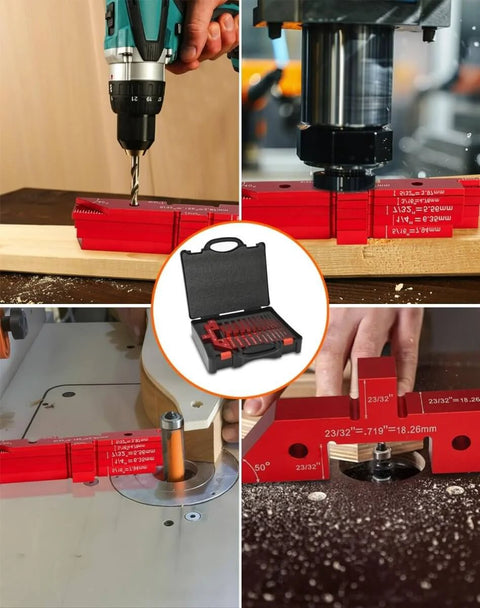 Pro Grade 14 Piece Aluminum Woodworking Setup Blocks Kit With Storage Case Router Table Height And Depth Gauges Angle Finder Fence Alignment And Miter Gauge Tool Set shown in use.