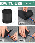 Long 98.43 Ft Carpet Cord Cover And Cable Protector Floor Strip For Office And Commercial Spaces Black No Fuss Hook And Loop Cable Management Cut To Length Easy Install Keeps Cables Safe From Trip Hazards usage steps and rolled product view.