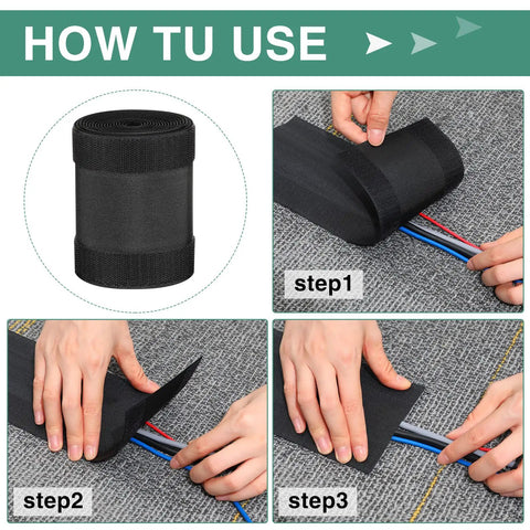 Long 98.43 Ft Carpet Cord Cover And Cable Protector Floor Strip For Office And Commercial Spaces Black No Fuss Hook And Loop Cable Management Cut To Length Easy Install Keeps Cables Safe From Trip Hazards usage steps and rolled product view.