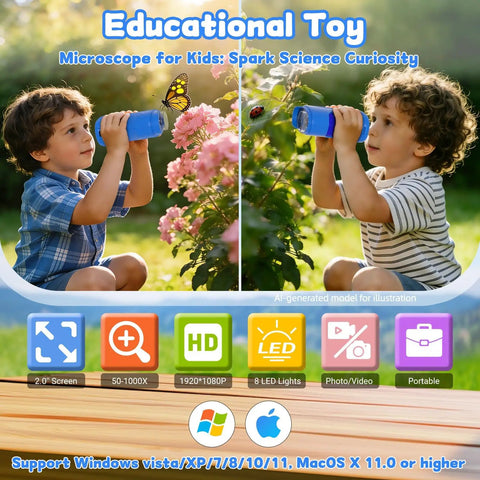 Kids Pocket Digital Microscope With 2.0 Inch IPS Screen 1080p Photo Video 50X To 1000X Magnification Eight LED Lights Portable STEM Toy For Ages 3, 6, And 12 Boys And Girls Blue, kids using it outdoors