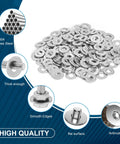 Flat washers front view, 100 pcs, 1/4 in, 304 stainless steel, anti-rust.