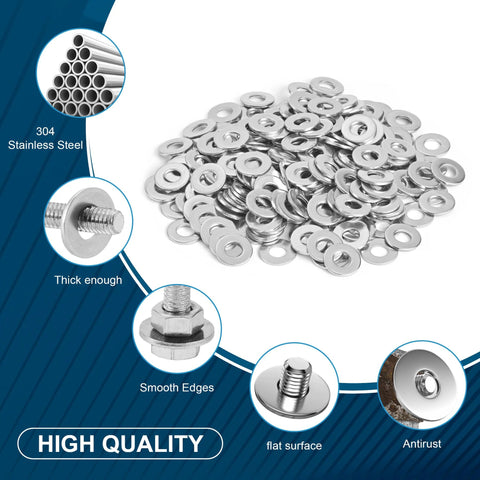 Flat washers front view, 100 pcs, 1/4 in, 304 stainless steel, anti-rust.