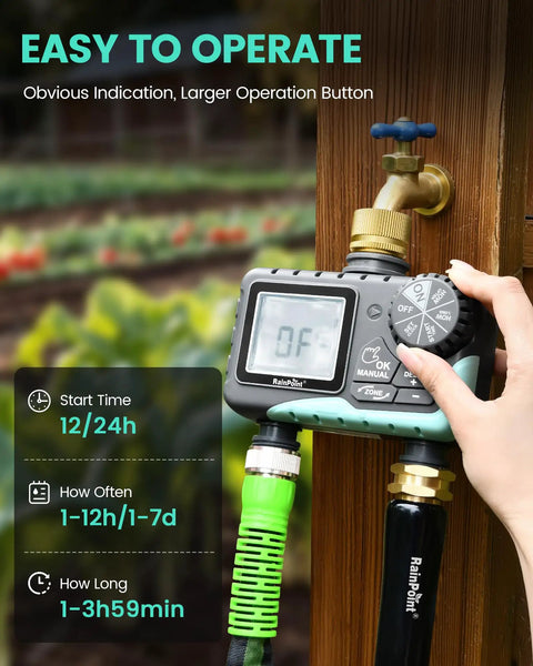 No Fuss Dual Outlet Hose Timer For Yard Watering With Two Zone Scheduling, Brass Water Timer For Garden Hose close-up