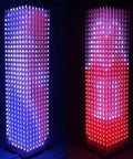 DIY LED Cube Kit For Soldering Projects With 8x8x32 RGB LEDs, Pre Soldered Mainboard And Pre Programmed Controller, Perfect For Electronics Courses And Hobbyists, Dynamic Lighting Effects And Easy Assembly, tall RGB LED cube lit in blue and red