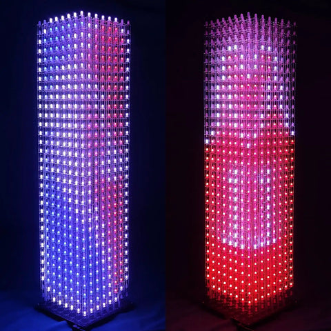 DIY LED Cube Kit For Soldering Projects With 8x8x32 RGB LEDs, Pre Soldered Mainboard And Pre Programmed Controller, Perfect For Electronics Courses And Hobbyists, Dynamic Lighting Effects And Easy Assembly, tall RGB LED cube lit in blue and red