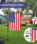 Premium Heavy Duty Garden Flag Holder Stand With Rugged All Weather Metal Flagpole And Secure Clip Included Built Tough For Windy Days And Year Round Backyard Display in garden with American flag.