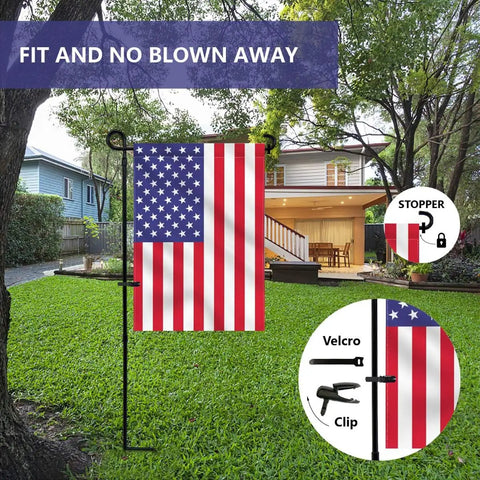 Premium Heavy Duty Garden Flag Holder Stand With Rugged All Weather Metal Flagpole And Secure Clip Included Built Tough For Windy Days And Year Round Backyard Display in garden with American flag.