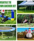 Four Pack Universal Ground Anchors For Trampolines Sheds Swing Sets And Mobile Homes With Straps in use on outdoor structures