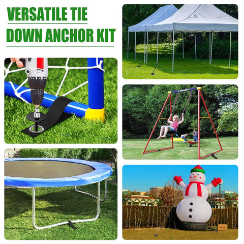 Four Pack Universal Ground Anchors For Trampolines Sheds Swing Sets And Mobile Homes With Straps in use on outdoor structures