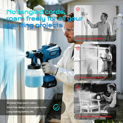 Man using a cordless paint sprayer with a direct fill tank, demonstrating smooth finishes on a fence. Ditch The Cords With This Hardworking Cordless Paint Sprayer Boasting A Bright Led Lamp And Twin High Capacity Cells For Pro Level Smooth Finishes On All Your Favorite Weekend DIY Tasks.