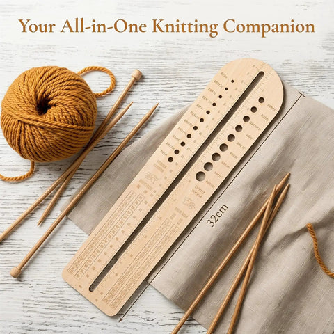Wooden Sock Blocker Ruler For Knitting And Crochet, Dual Measuring Tool With Needle Gauge, 12.6 Inch Craft Ruler For Yarn Projects, Durable And Totally Handy For Socks, Hats, And Crochet Fans, with yarn, needles, and 32cm cloth