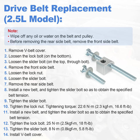 Drive belt replacement steps 2.5L model with alternator and power steering pump pulley belt tensioner block adjuster kit.