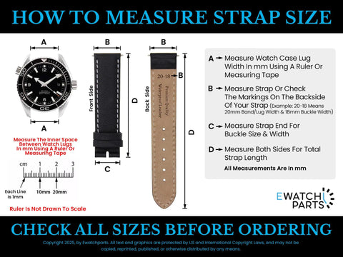 Guide for measuring watch strap size with leather band and watch illustration for Six Clamp Screw Set For Men's Swiss Movements 1520 1530 1560 1565 1570 1575 Replacement Stainless Steel Watch Parts For Easy Home Repair And Maintenance Precision Fit Durable Kit For Movement Servicing.