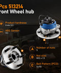 Front Wheel Hub Bearing Assembly 513214 5 Lug 2 Pack with ABS features and specifications diagram