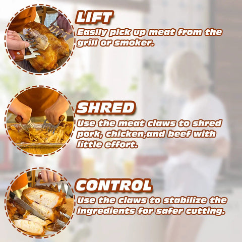 Meat Shredder Claws Set Of 2 With Stainless Steel Claws And Wooden Handle For Barbecue BBQ Shredding Pulled Pork Beef And Chicken Carving And Handling Like A Pro, used on shredded meat