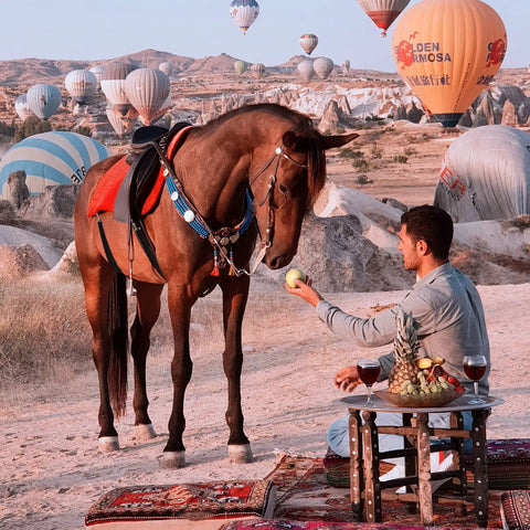 Man feeding horse an apple in a scenic balloon-filled landscape, horse wearing red and blue tack